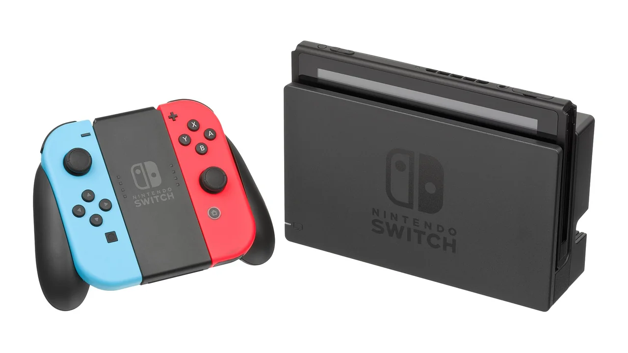 The Nintendo Switch, a hybrid portable/home console released by Nintendo in 2017. It is shown here in the docked/home mode, with the controllers detached from the main unit and in the included grip. — cover image for Nintendo Direct September 2026: Metroid, Kirby and Third-Party Reveals