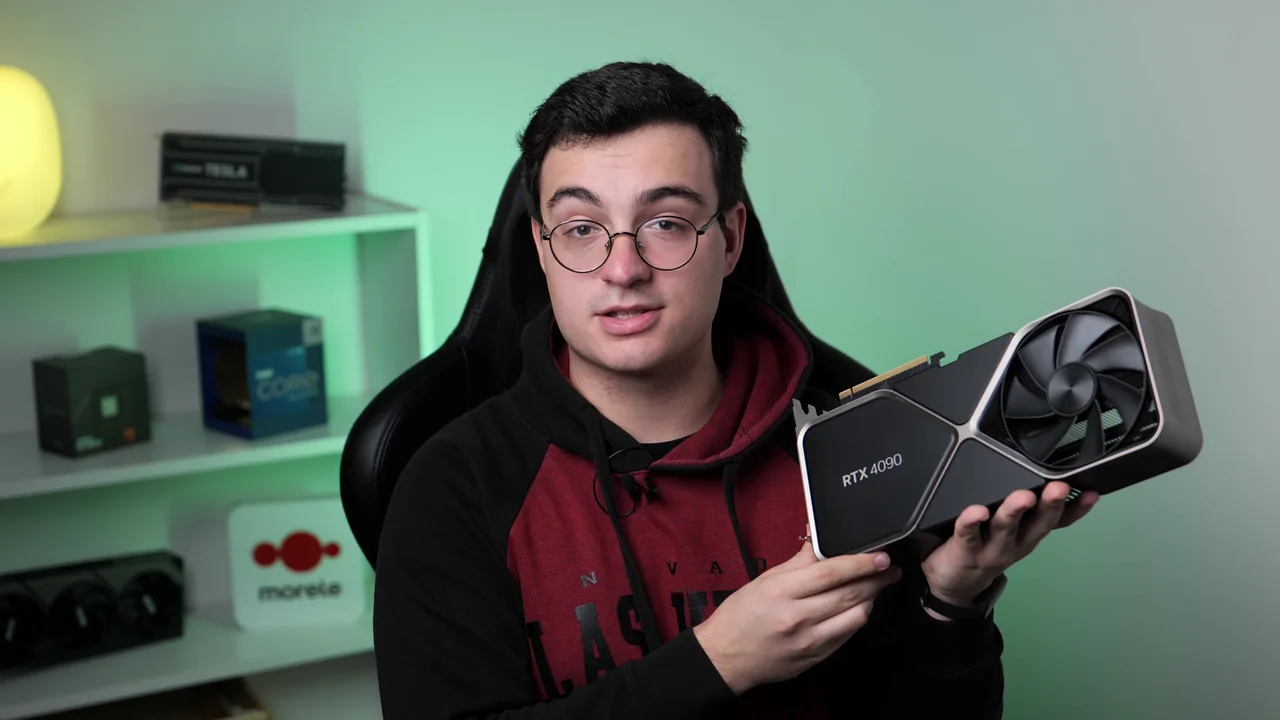 The NVIDIA RTX 4090 Founders Edition, held by YouTuber ZMASLO. The picture shows the size comparison of the card to a human (Second 20 in the video). — cover image for NVIDIA Announces DLSS 5 as an AI Graphics Fidelity System